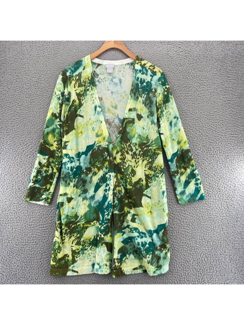 Chicos Sweater Womens 1 US Medium Blue Green Camo Cotton Stretch Knit Cardigan